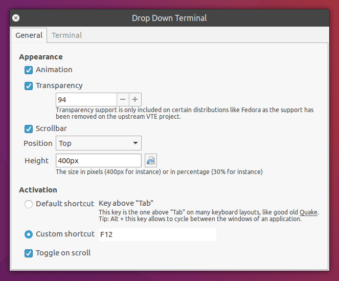 Настройки Drop Down Terminal