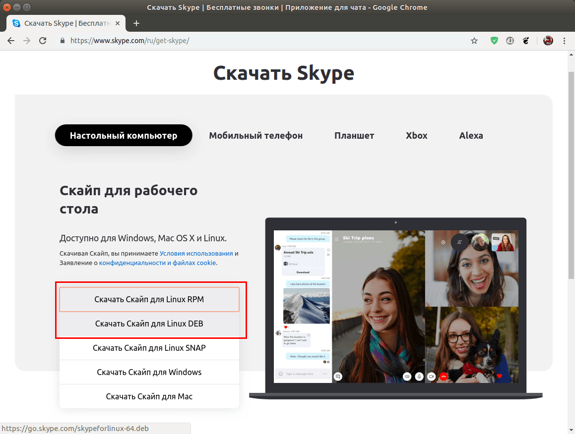 Установка Skype в Linux, скачав deb или rpm пакет с официального сайта